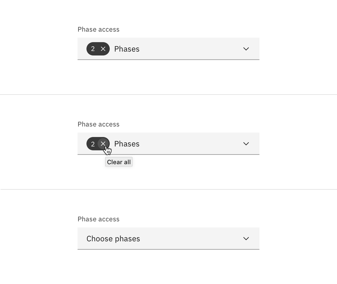 Multiselect dropdown clear tag interaction.